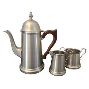 Vintage International Silver Company Pewter Coffee Tea Pot Creamer Sugar Set USA